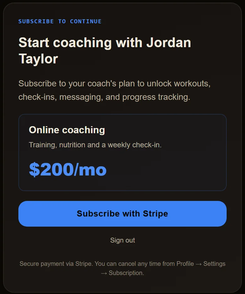 What the client sees: their coach's Online coaching plan at $200 a month and a Subscribe with Stripe button.