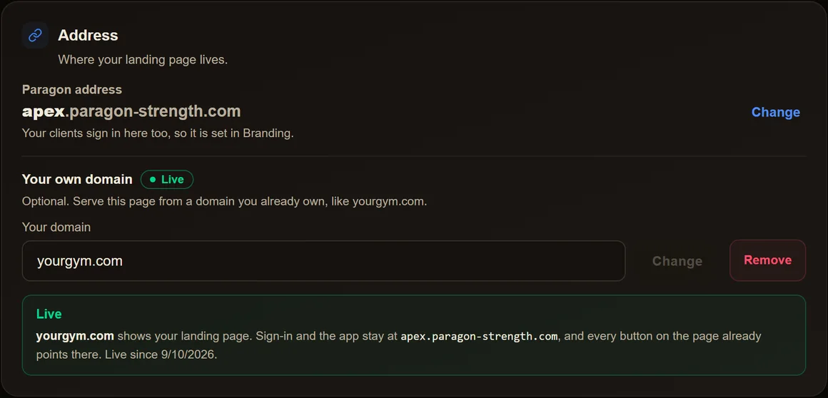 The Address card: the coach's paragon-strength.com address and their own domain, yourgym.com, marked Live.