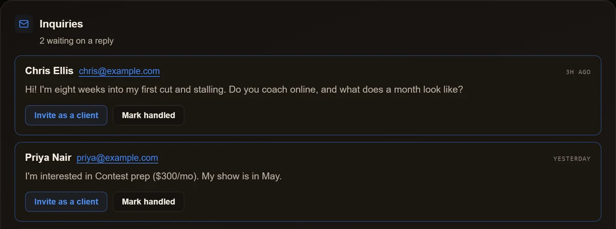 The coach's Inquiries inbox: two messages from the landing page, each with Invite as a client and Mark handled.