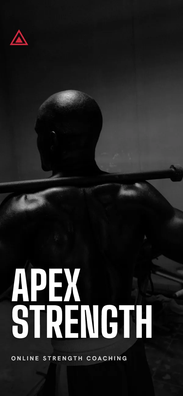 Apex Strength's app opening: a lifter seen from behind in low light, the name in tall white capitals.