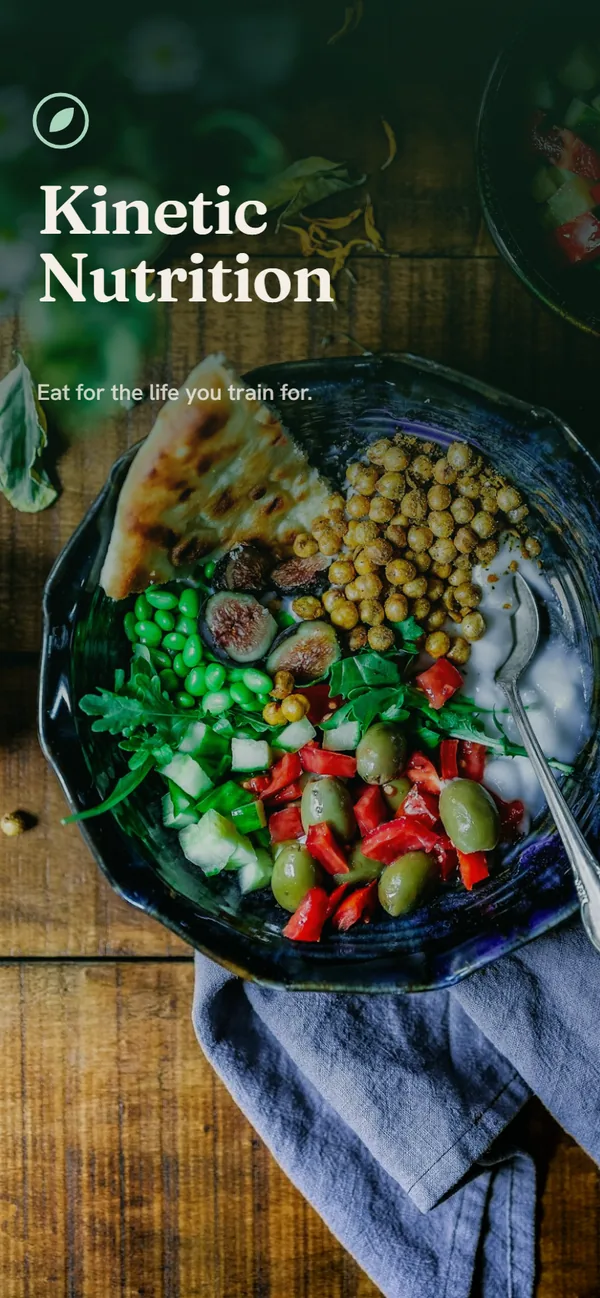 Kinetic Nutrition's app opening: a bowl of food from above under a deep green shade, the name in a serif at the top.