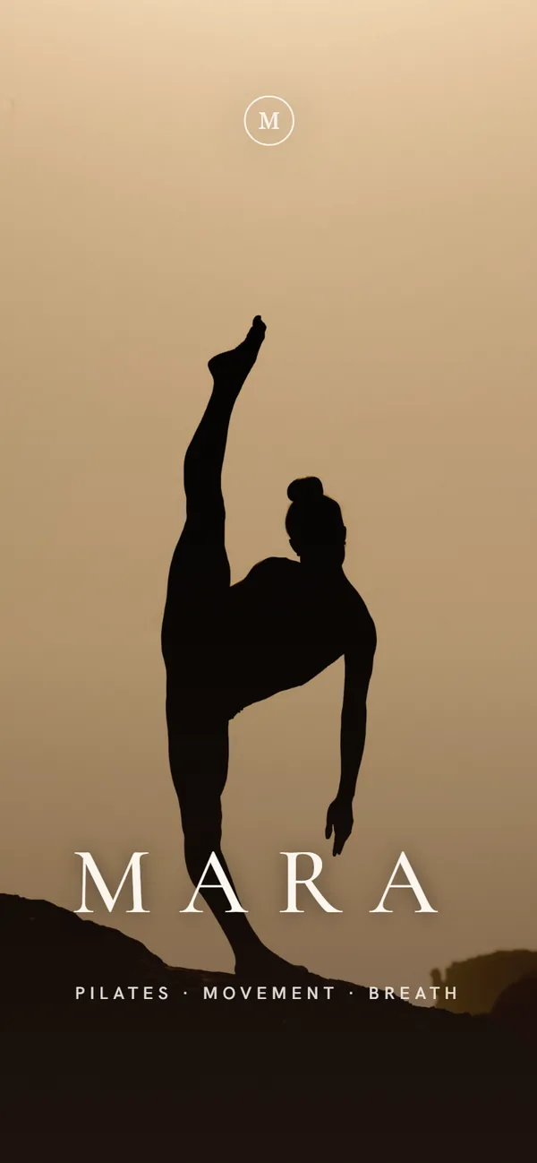 Mara Pilates's app opening: a dancer's silhouette on a warm sky, the name in wide spaced capitals.